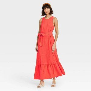 A New Day Women's Sleeveless Ruffle Hem Seersucker Dress Coral